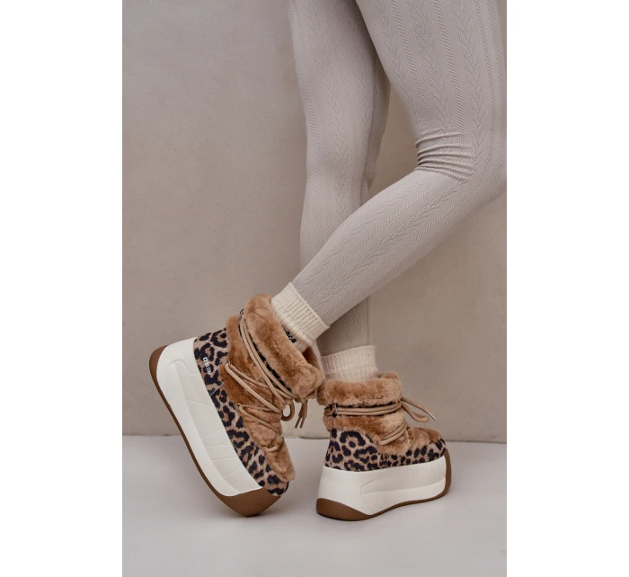 Skórzane Śniegowce Damskie Na Grubej Podeszwie Z Futerkiem Panterka Big Star OO274A208 Brązowe Skórzane Śniegowce Damskie Na Grubej Podeszwie Z Futerkiem Panterka Big Star OO274A208 Brązowe