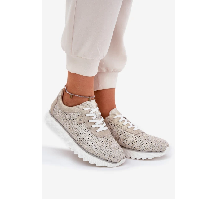 Zamszowe Ażurowe Sneakersy Na Platformie LR51-927 Złote