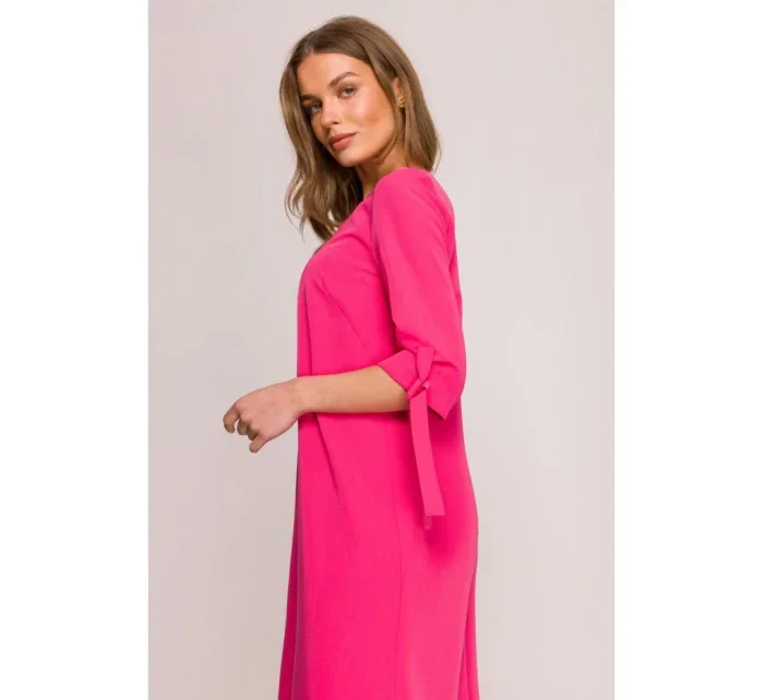 S393 Šaty áčkového strihu so zaväzovacími rukávmi - ružové