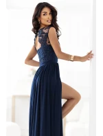 dlouhé elegantní maxi šaty s krajkovým a rozparkem na nohou tmavě modré model 21318836 - numoco