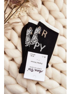 Skarpety Damskie Bawełniane Z Napisem I Misiem Czarne