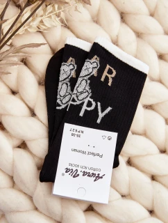 Dámské bavlněné ponožky s nápisem a medvídkem černé