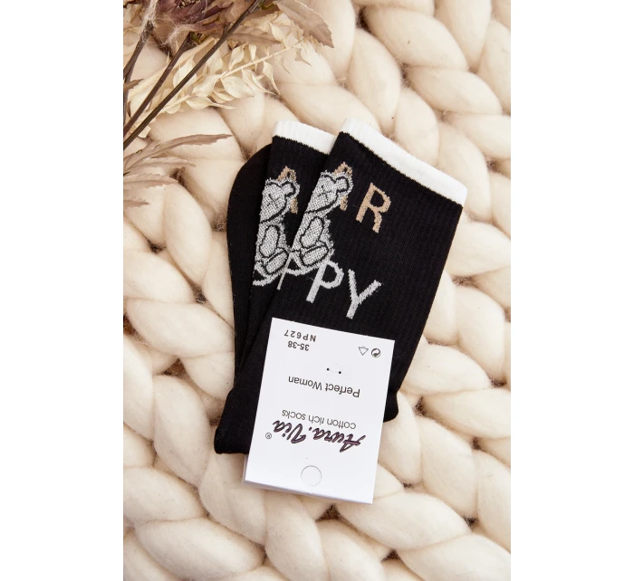 Skarpety Damskie Bawełniane Z Napisem I Misiem Czarne