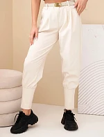 Dámske bavlnené nohavice s vysokým pásom a opaskom béžovej farby