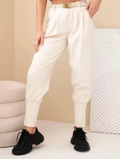 Dámske bavlnené nohavice s vysokým pásom a opaskom béžovej farby