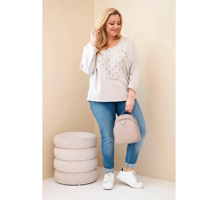 Dámská bavlněná blůza Plus Size s výstřihem do V béžová