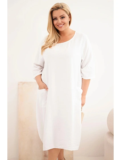 Dámske plus veľkosť viskózové šaty s vreckami krátkymi rukávmi biele