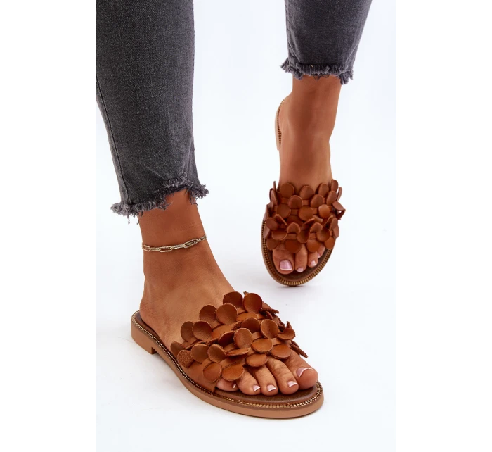 Zazoo 40381 Damskie Skórzane Klapki Na Płaskim Obcasie Brązowe