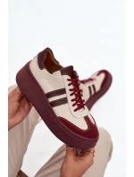 Skórzane Sneakersy Damskie Na Platformie Zazoo 3775 Beżowo-Bordowe