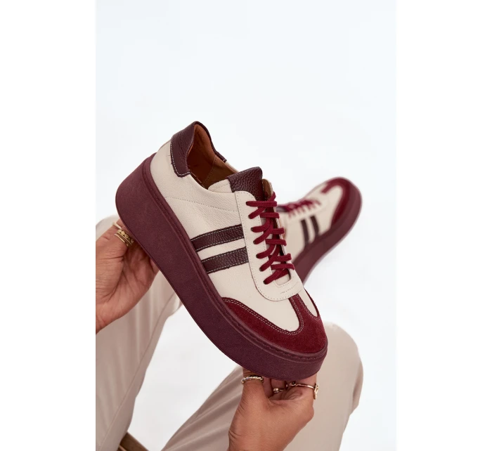 Skórzane Sneakersy Damskie Na Platformie Zazoo 3775 Beżowo-Bordowe