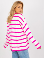 Fluo ružový a ecru pruhovaný oversized sveter so stojacím golierom od RUE PARIS