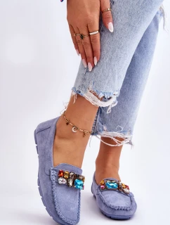 Damskie Zamszowe Mokasyny Z Kryształkami Niebieskie Lucille