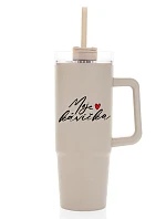 MOJE KÁVIČKA - béžový cestovní termohrnek s průhledným víčkem 900 ml