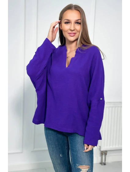Mušelínová blúzka s vyhrnutými rukávmi tmavo fialová