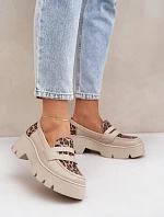 Skórzane Mokasyny Damskie Na Platformie I Płaskim Obcasie Panterka Zazoo 20191 Jasnobeżowe