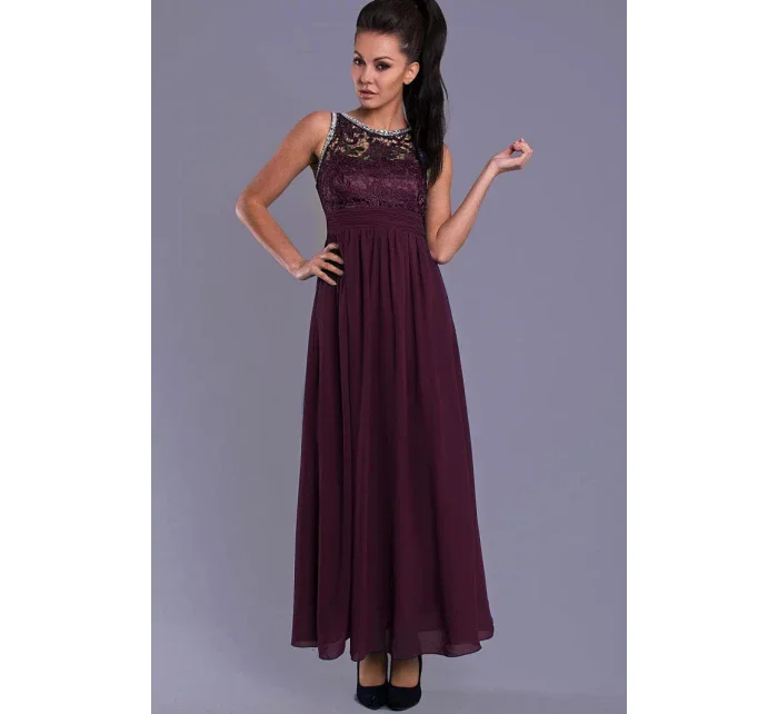 Dámské společenské šaty EVA model 15089591 s krajkou a kamínky dlouhé tmavě modrá - EVA&LOLA