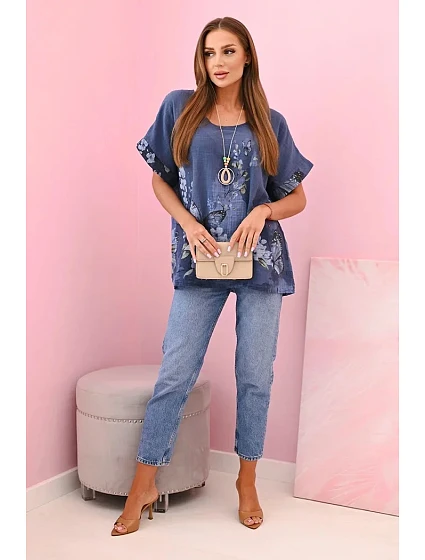 Dámská bavlněná košile s model 22272344 a květinami džínovina - K-Fashion Dámská bavlněná košile s model 22272344 a květinami džínovina - K-Fashion