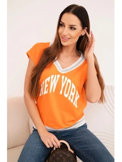 Dámska bavlnená blúzka s výstrihom do V a oranžovou potlačou NEW YORK
