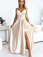 512-3 JULIET elegantné dlhé saténové šaty s výstrihom a rozparkom na nohách - BEACH