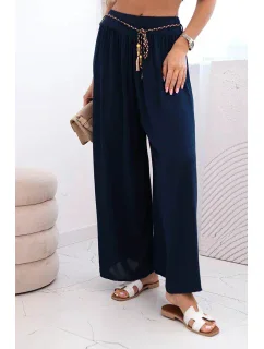 Dámske viskózové nohavice so širokými nohavicami tmavomodré