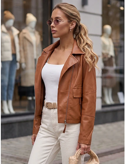 Dámska hnedá kožená bunda v štýle Ramones od FashionStreet TY5715 Dámska hnedá kožená bunda v štýle Ramones od FashionStreet TY5715
