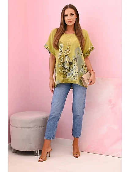 Dámská bavlněná košile s model 22188233 a květinami kiwi - K-Fashion Dámská bavlněná košile s model 22188233 a květinami kiwi - K-Fashion
