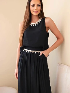 Dámska súprava z viskózy s vrchným dielom bez rukávov a širokými nohavicami s ozdobným lemovaním čierna