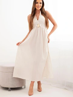 Dámské maxi šaty z viskózy vázané u krku s ozdobnou sponou béžová