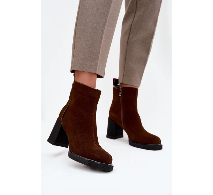 Botki Damskie Z Naturalnego Zamszu Na Słupku Ocieplane Vinceza 91141 Brązowe
