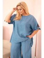 Plus size set z materiálu tencel, blúzka s viazankou a široké džínsové nohavice