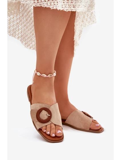 Klapki Damskie Na Płaskim Obcasie Z Klamrą Beżowe Lanoni