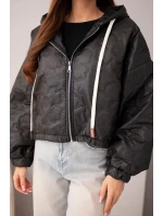 Dámská prošívaná bunda s kapucí a květinovým černá model 22010148 - K-Fashion