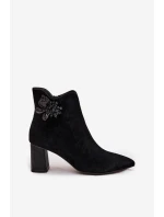 Zamszowe Botki Damskie Na Słupku Z Ozdobą D&A CR52-686 Czarne
