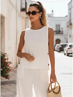 Dámsky ľanový komplet s nohavicami Poľský výrobok ecru FashionStreet AY1175 Dámsky ľanový komplet s nohavicami Poľský výrobok ecru FashionStreet AY1175