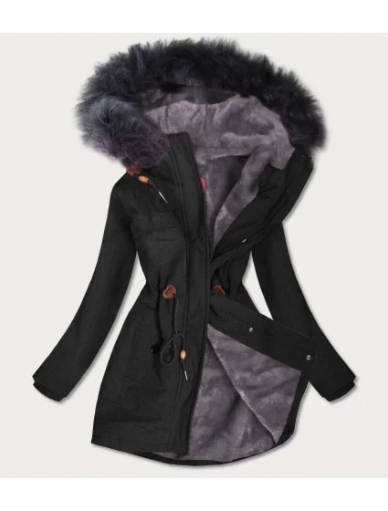 Čierno-šedá dámska nepremokavá bunda s kožušinovou podšívkou (m-933)