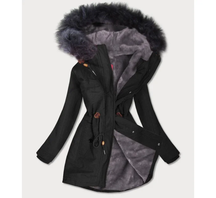 Čierno-šedá dámska nepremokavá bunda s kožušinovou podšívkou (m-933)