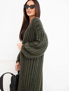Dámský dlouhý model 22353119 kardigan bez zapínání se širokým rukávem khaki - K-Fashion