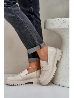 Lakierowane Mokasyny Damskie Z Przypinką Miś Beżowe Wulinea