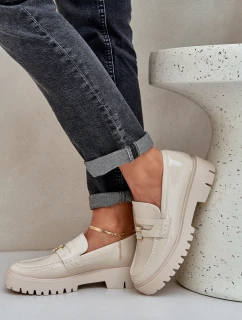 Lakierowane Mokasyny Damskie Z Przypinką Miś Beżowe Wulinea