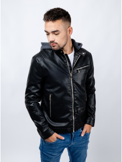 Pánska kožená bunda s kapucňou GLANO - čierna