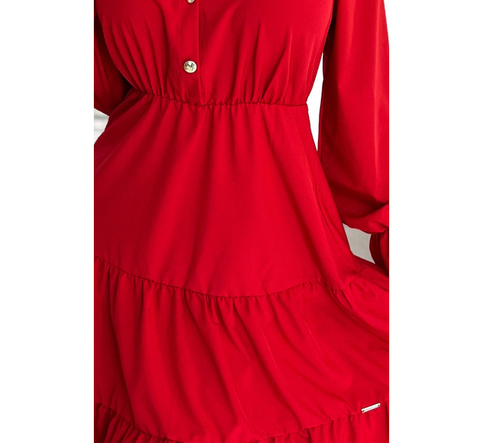 Červené dámske šaty s výstrihom a zlatými gombíkmi 395-1
