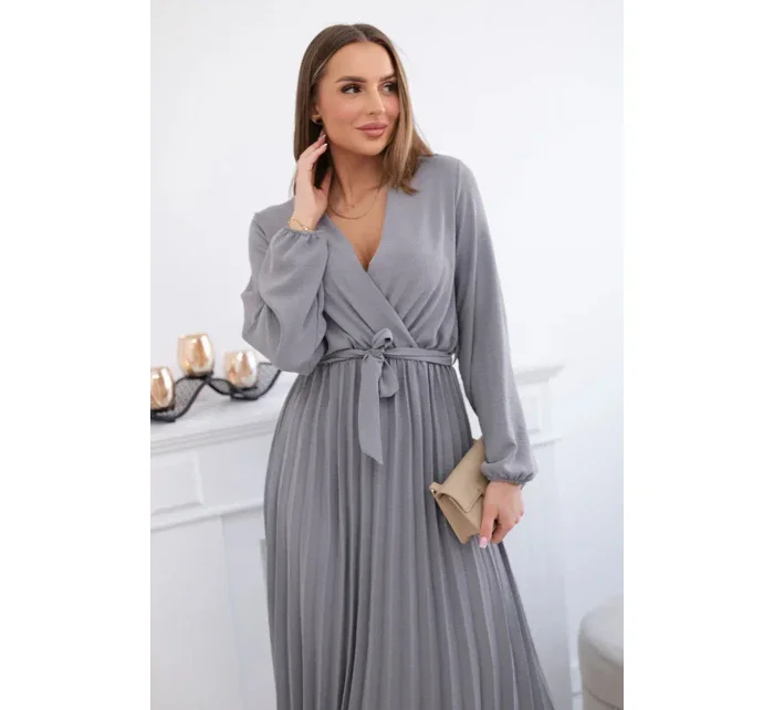 Šaty s viazaným plisovaným lemom sivé