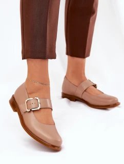 Skórzane Półbuty Damskie Z Klamrą Laura Messi 2980 Ciemnobeżowe