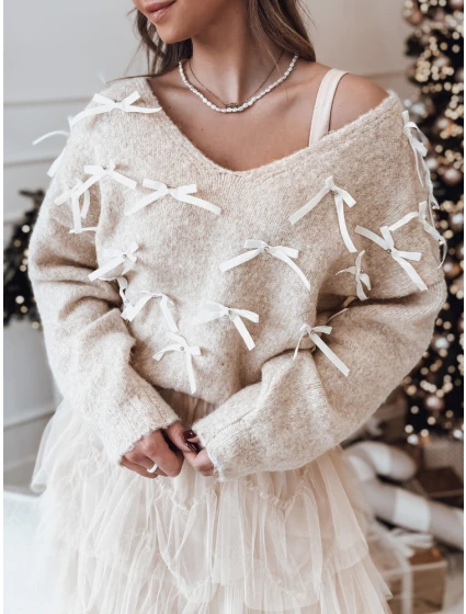 RIBBLOOM dámsky sveter s mašľami tmavobéžový FashionStreet MY2359