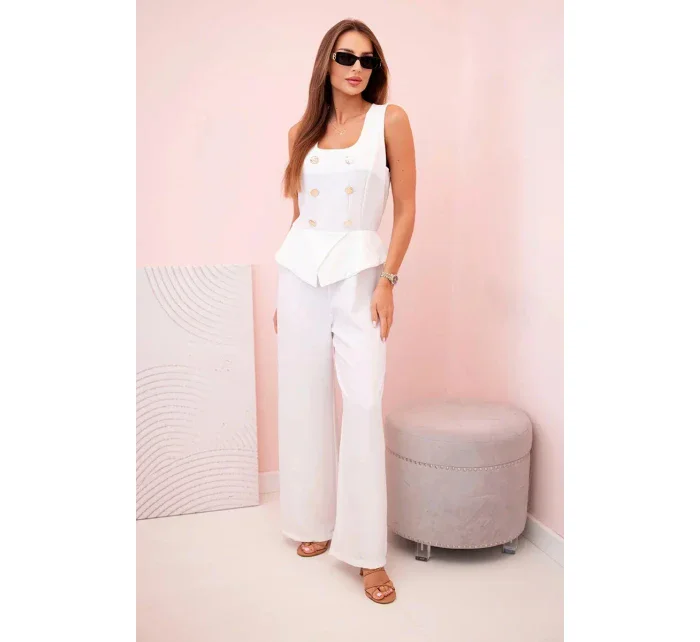 Dámsky overal bez rukávov so širokými nohavicami a ozdobnými gombíkmi ecru Dámsky overal bez rukávov so širokými nohavicami a ozdobnými gombíkmi ecru