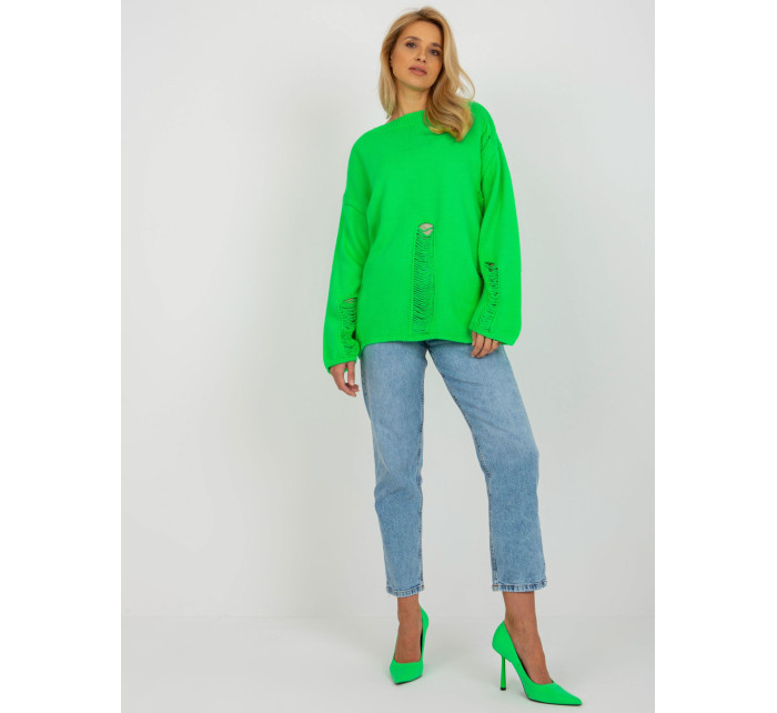 Fluo zelený oversize sveter s dierami a dlhými rukávmi