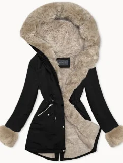 Černobéžová krátká zimní bunda parka s kožešinovou podšívkou model 21248762 - J.STYLE
