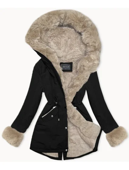 Čierno-béžová krátka zimná bunda s kožušinovou podšívkou (16M9062-392B) Čierno-béžová krátka zimná bunda s kožušinovou podšívkou (16M9062-392B)