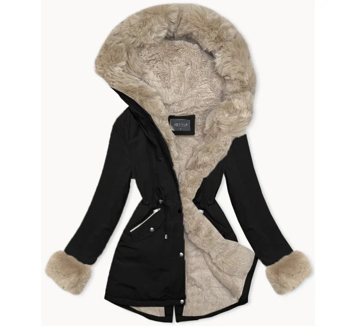 Čierno-béžová krátka zimná bunda s kožušinovou podšívkou (16M9062-392B) Čierno-béžová krátka zimná bunda s kožušinovou podšívkou (16M9062-392B)