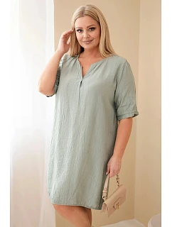 Dámske šaty z viskózy v nadmernej veľkosti s krátkymi rukávmi a výstrihom do V v khaki farbe
